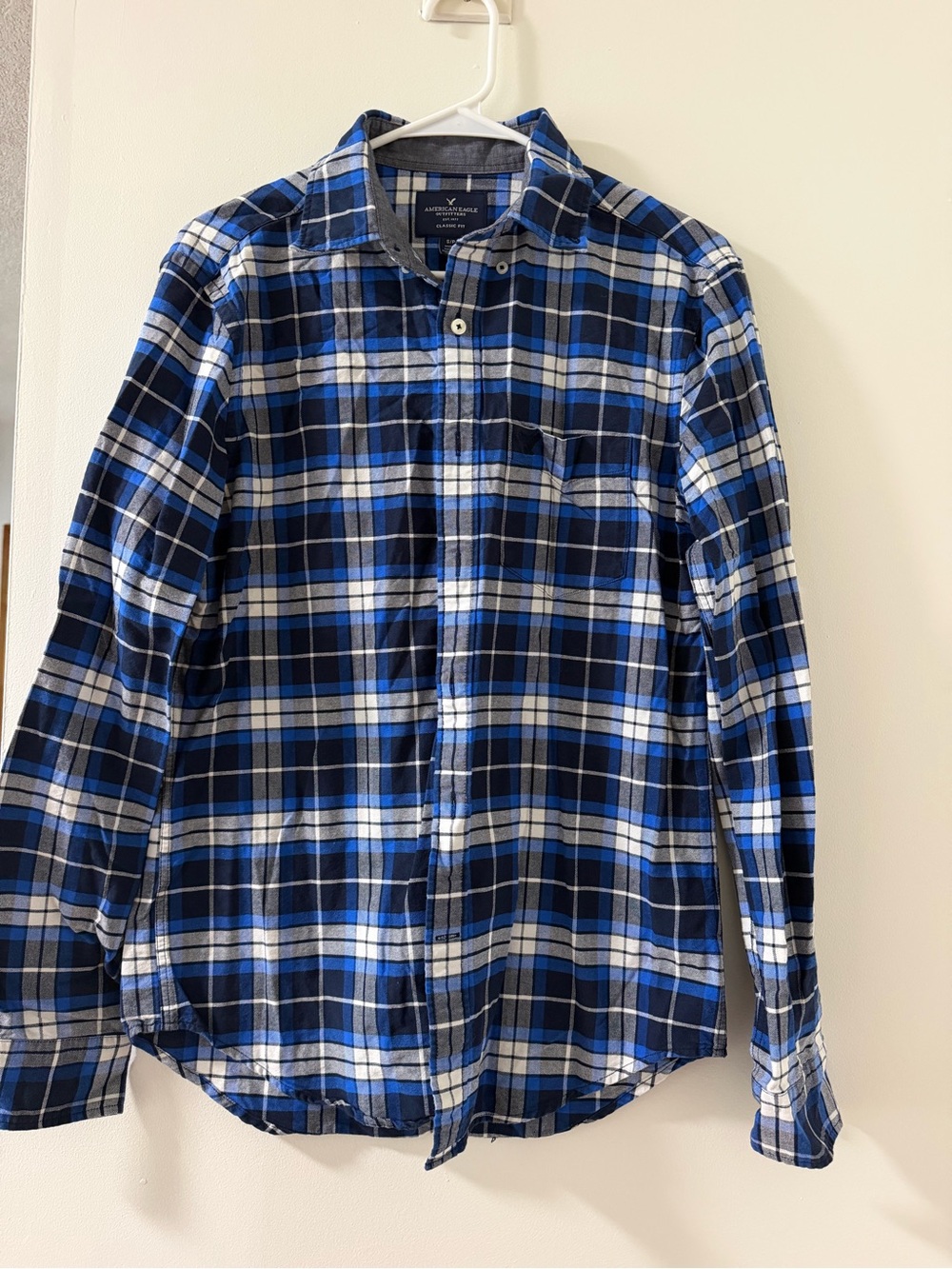 American Eagle Button Down Shirt Mens S Blue Like New Plaid Long Sleeve Classic